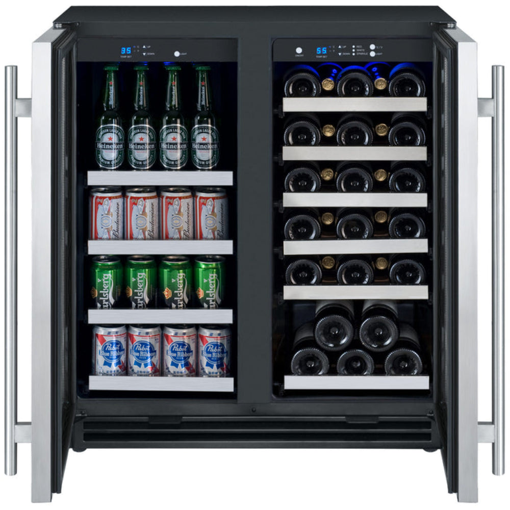 Spacious 30-inch wine and beverage fridge with flexible storage for bottles and cans