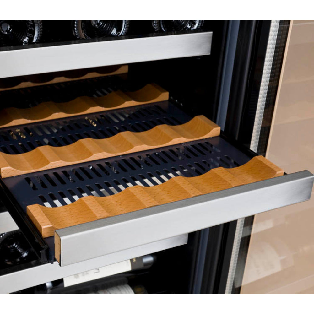 Allavino FlexCount wine refrigerator with adjustable shelving and a modern stainless steel door