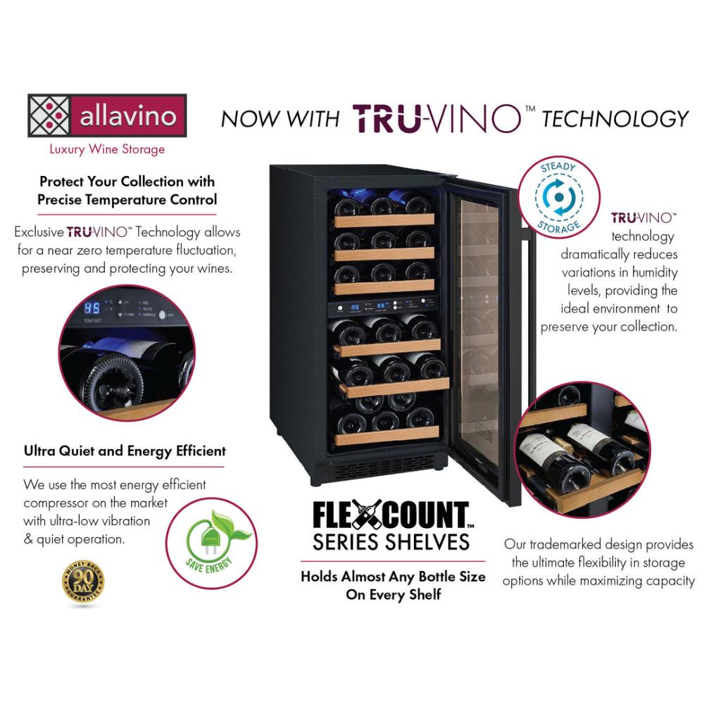 Compact 15” Allavino Tru-Vino wine cooler with FlexCount shelving for versatile bottle storage