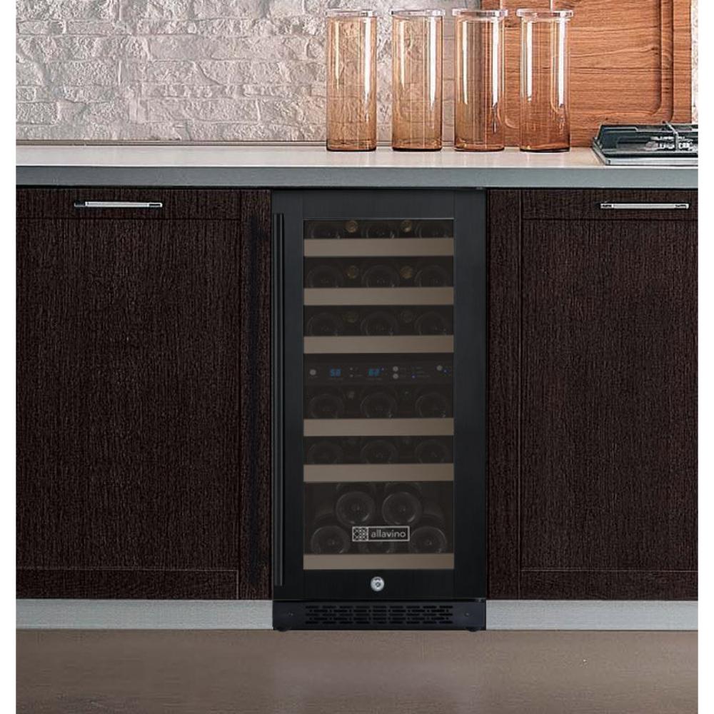 Compact 15” Allavino Tru-Vino wine cooler shown built in under counter kitchen.