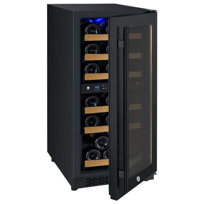 Door slightly ajar of Allavino 15” FlexCount II dual-zone wine refrigerator with black door and right hinge, holding up to 30 bottles