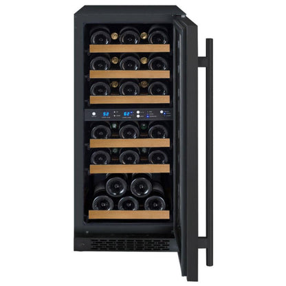 Front view open door Premium 30-bottle Allavino wine fridge with digital display and dual temperature control