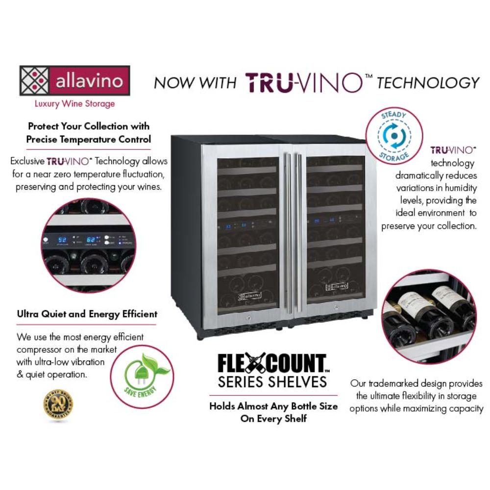 Allavino FlexCount Series 60-Bottle Four Zone Built-In Side-by-Side Wine Refrigerators – Stainless Steel Doors