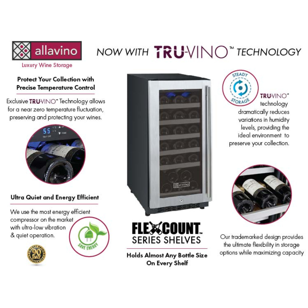 Allavino FlexCount wine refrigerator with adjustable shelving and a modern stainless steel door