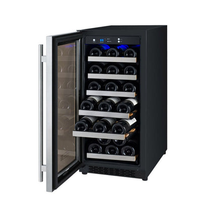 Open door of Single zone Allavino wine fridge with FlexCount shelving and left-hinge stainless steel door showing 30 bottles of wine