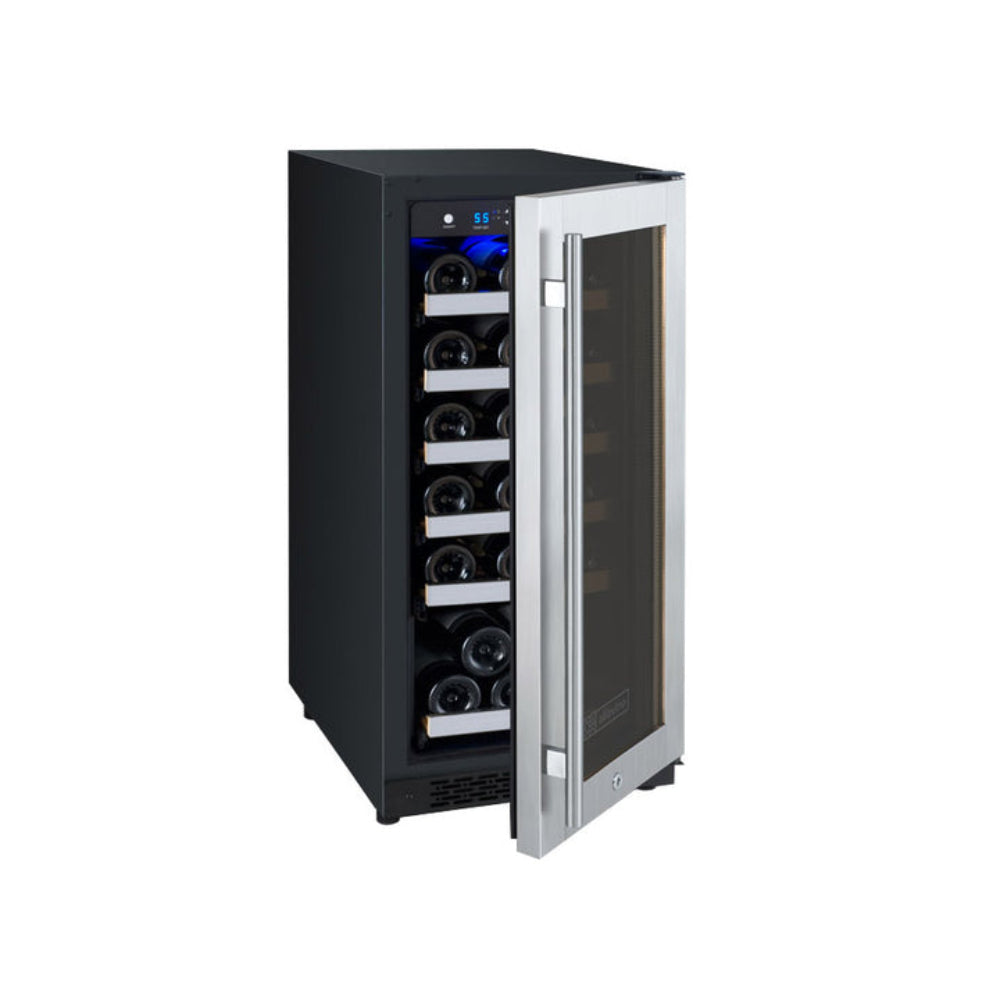 side view, door ajar, Single zone Allavino wine fridge with FlexCount shelving and right-hinge stainless steel door