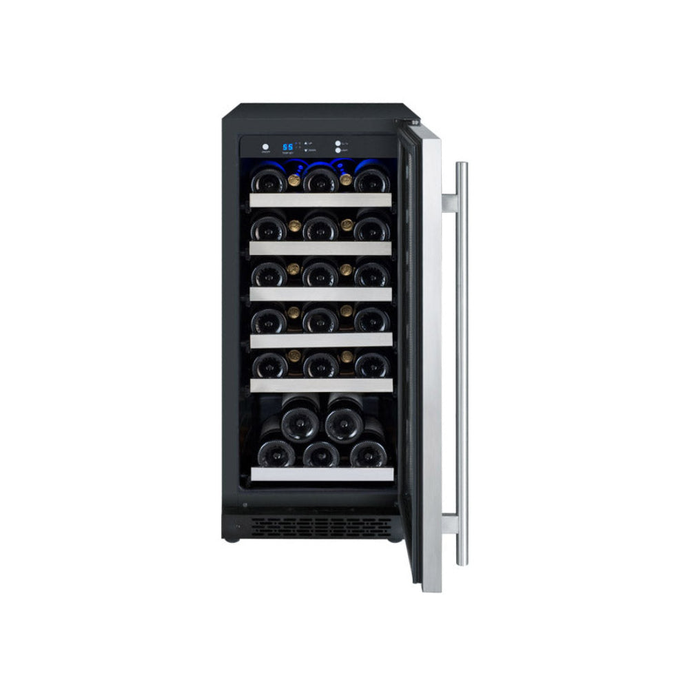 front view Allavino 15-inch stainless steel wine refrigerator with right hinge and Tru-Vino temperature control