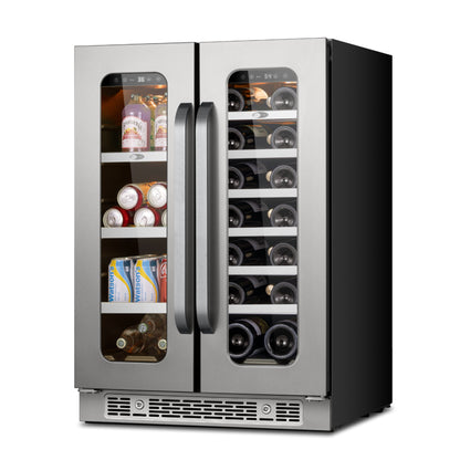 Whynter BSR-6020FDS French-door wine and beverage center stocked with cans and bottles