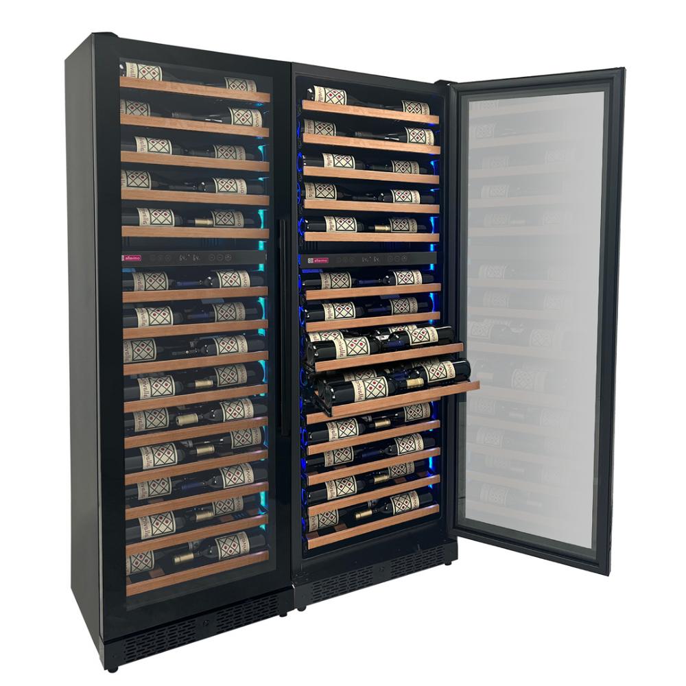Allavino Reserva Series 134-Bottle 71" Tall Three Zone Shallow Side-by-Side Wine Refrigerator – Black Finish with Wood Front Shelves