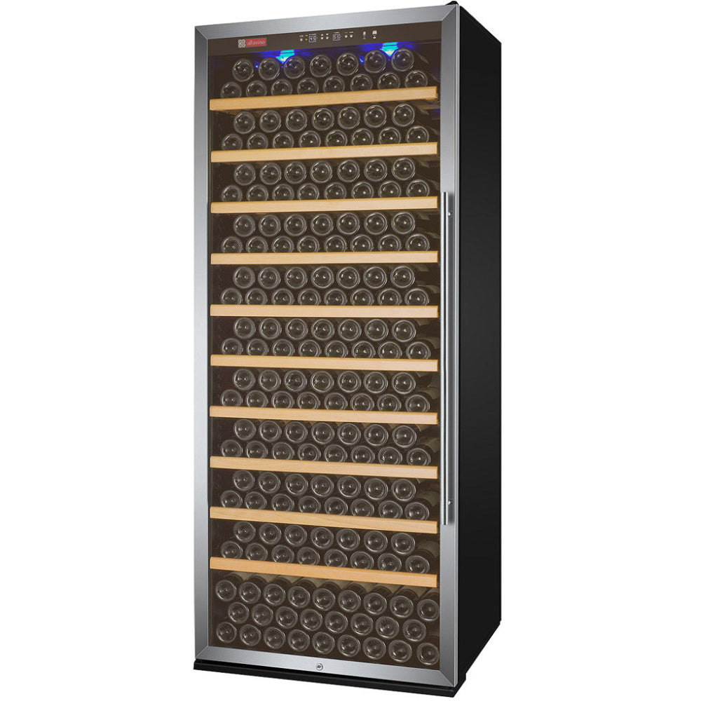 Angle view of the Allavino 32” Wide Vite II Tru-Vino 305 Bottle Wine Refrigerator with stainless steel left hinge door