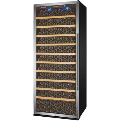 Angle view of the Allavino 32” Wide Vite II Tru-Vino 305 Bottle Wine Refrigerator with stainless steel left hinge door