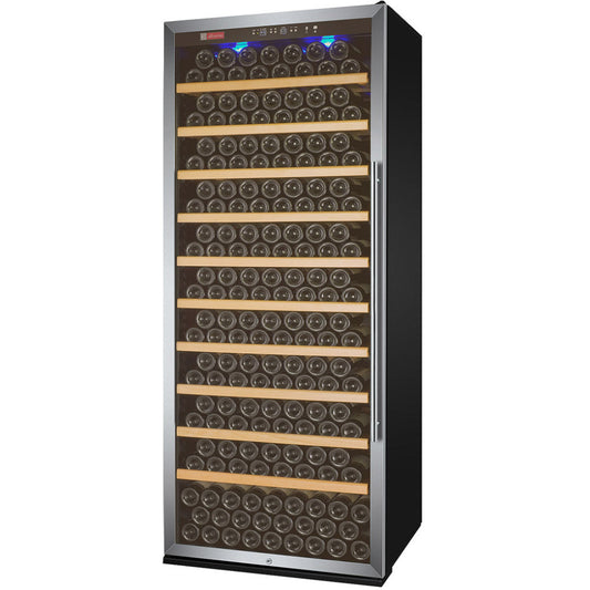 Angle view of the Allavino 32” Wide Vite II Tru-Vino 305 Bottle Wine Refrigerator with stainless steel left hinge door