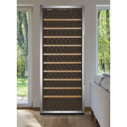Modern 305-bottle capacity wine cooler with advanced cooling technology and sleek design set in living room setting