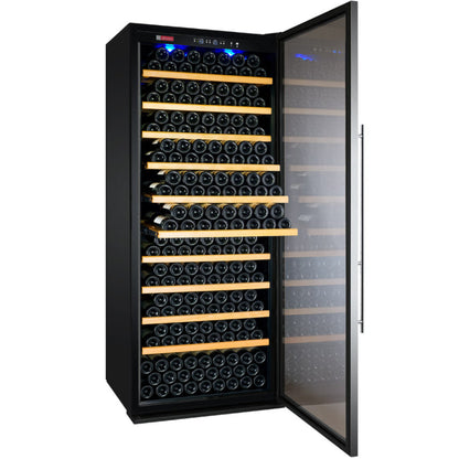 Allavino 32-inch Vite II single-zone wine refrigerator with stainless steel door, door open showing 277 bottles of wine
