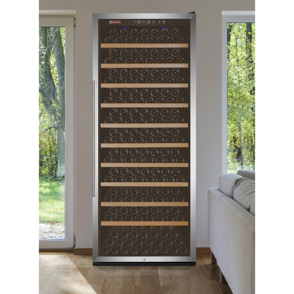 Modern freestanding  stainless steel wine cooler with LED lighting in living room