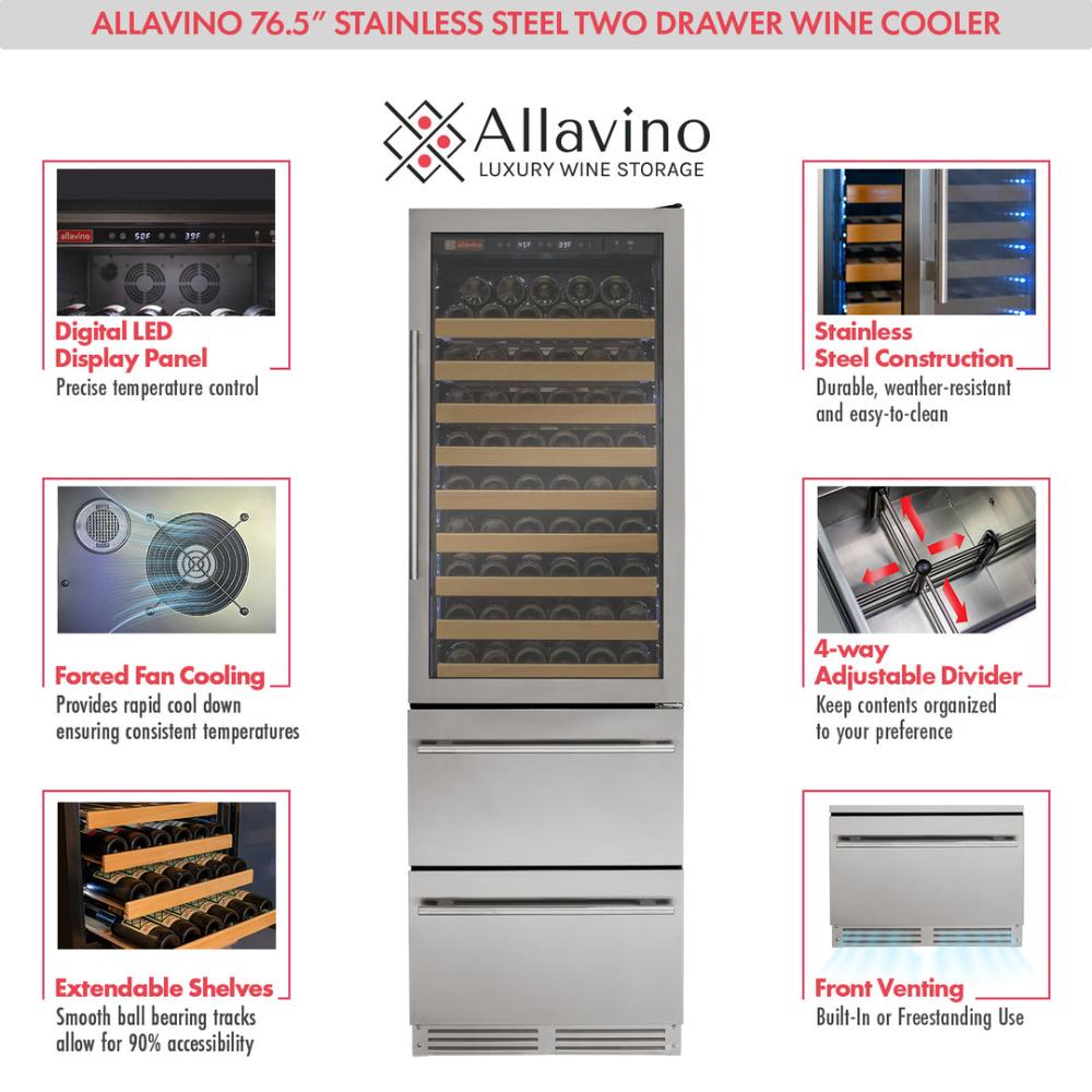 Allavino 108-Bottle Dual Zone Wine Refrigerator – Stainless Steel Finish with Two Refrigerated Drawers