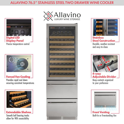 Allavino 108-Bottle Dual Zone Wine Refrigerator – Stainless Steel Finish with Two Refrigerated Drawers