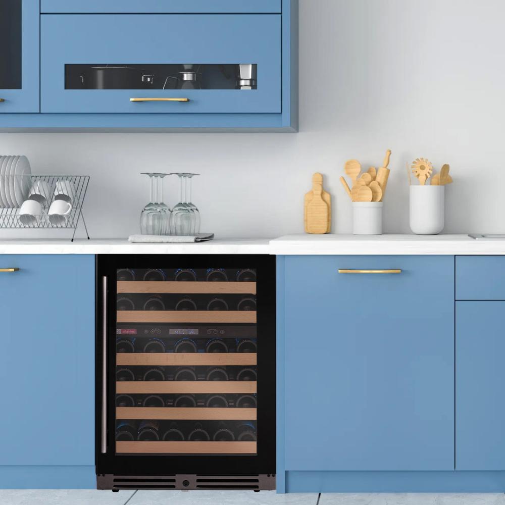 Glide-out metal shelves in dual-zone wine fridge