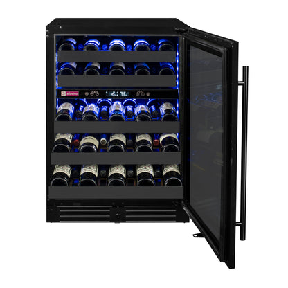 Front view  open door of the Reserva Series 50 Bottle Dual Zone Undercounter Wine Cooler with a right-hinge black stainless steel door.