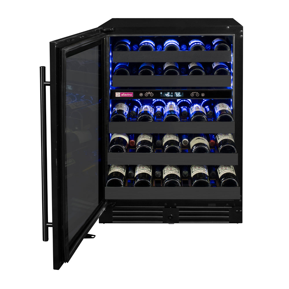 Front view of the Reserva Series 50 Bottle Dual Zone Wine Cooler, 34" tall, with a left-hinge glass door and black stainless steel finish, open door showing 50 bottle capacity