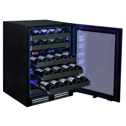 Fully stocked Reserva Series 50 Bottle Wine Cooler with a right-hinge door, sleek black stainless steel finish, and LED lighting.