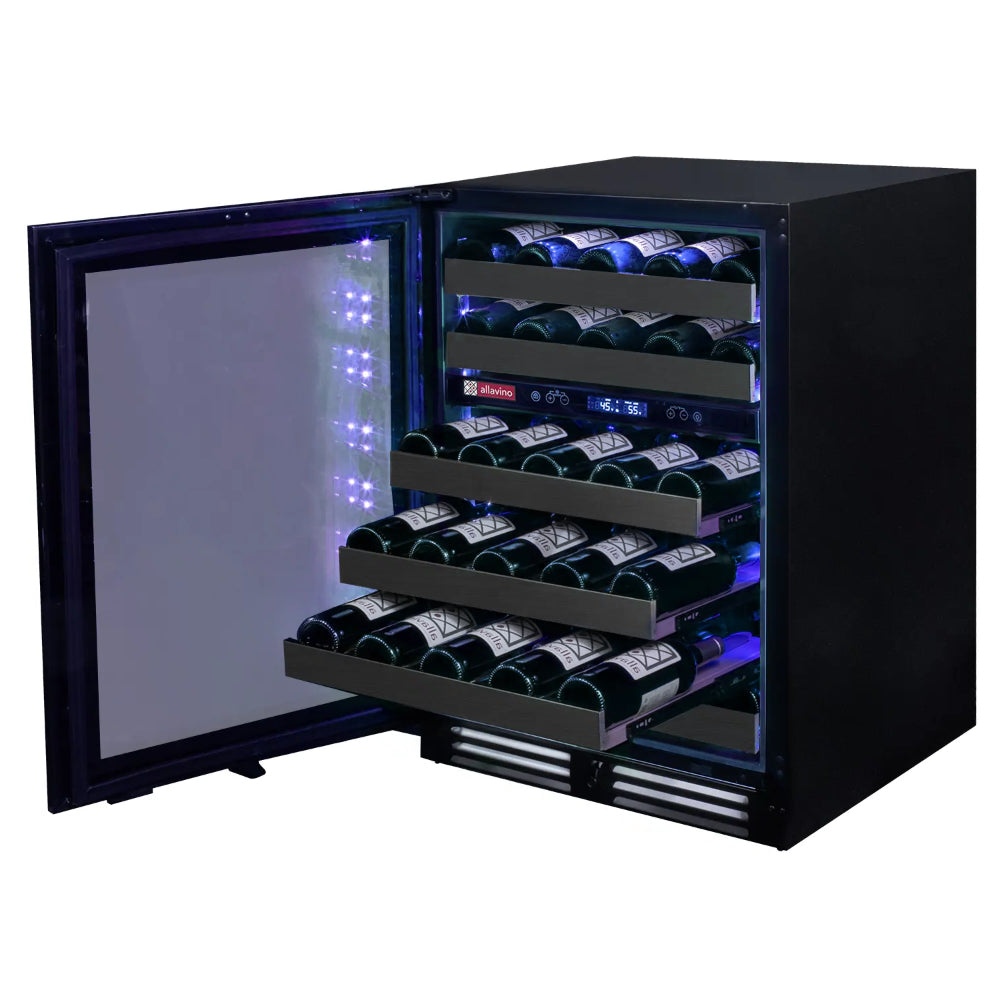 Neatly stored wine bottles on the durable steel shelves inside the Reserva Dual Zone Black Stainless Steel Wine Cooler.