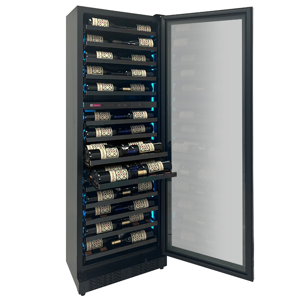 Reserva Series 67 Bottle Wine Refrigerator Console in black with dual cooling zones and customizable LED lighting, 71 inches tall open door
