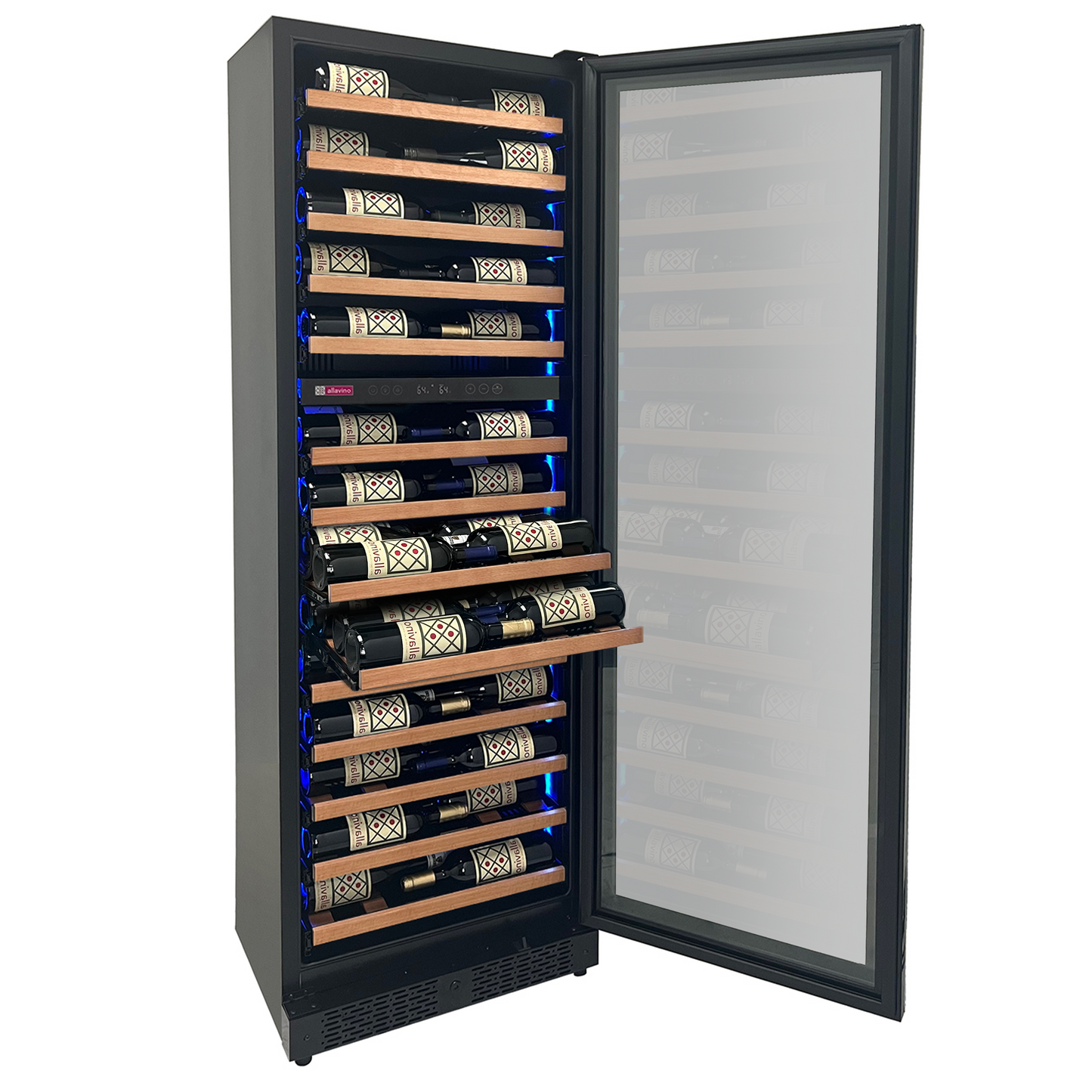 Allavino Reserva Series 67 Bottle 71” Tall Dual Zone Wine Refrigerator - Black Right Hinge with Wood Shelf Fronts