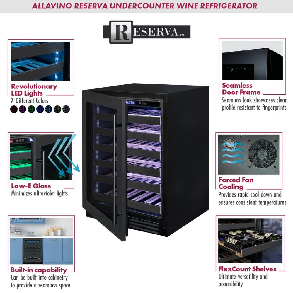 Allavino Reserva Series 100-Bottle Undercounter Wine Cooler – Four Zone Side-by-Side with Black Stainless Steel Doors