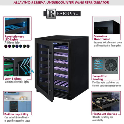 Allavino Reserva Series 100-Bottle Undercounter Wine Cooler – Four Zone Side-by-Side with Black Stainless Steel Doors