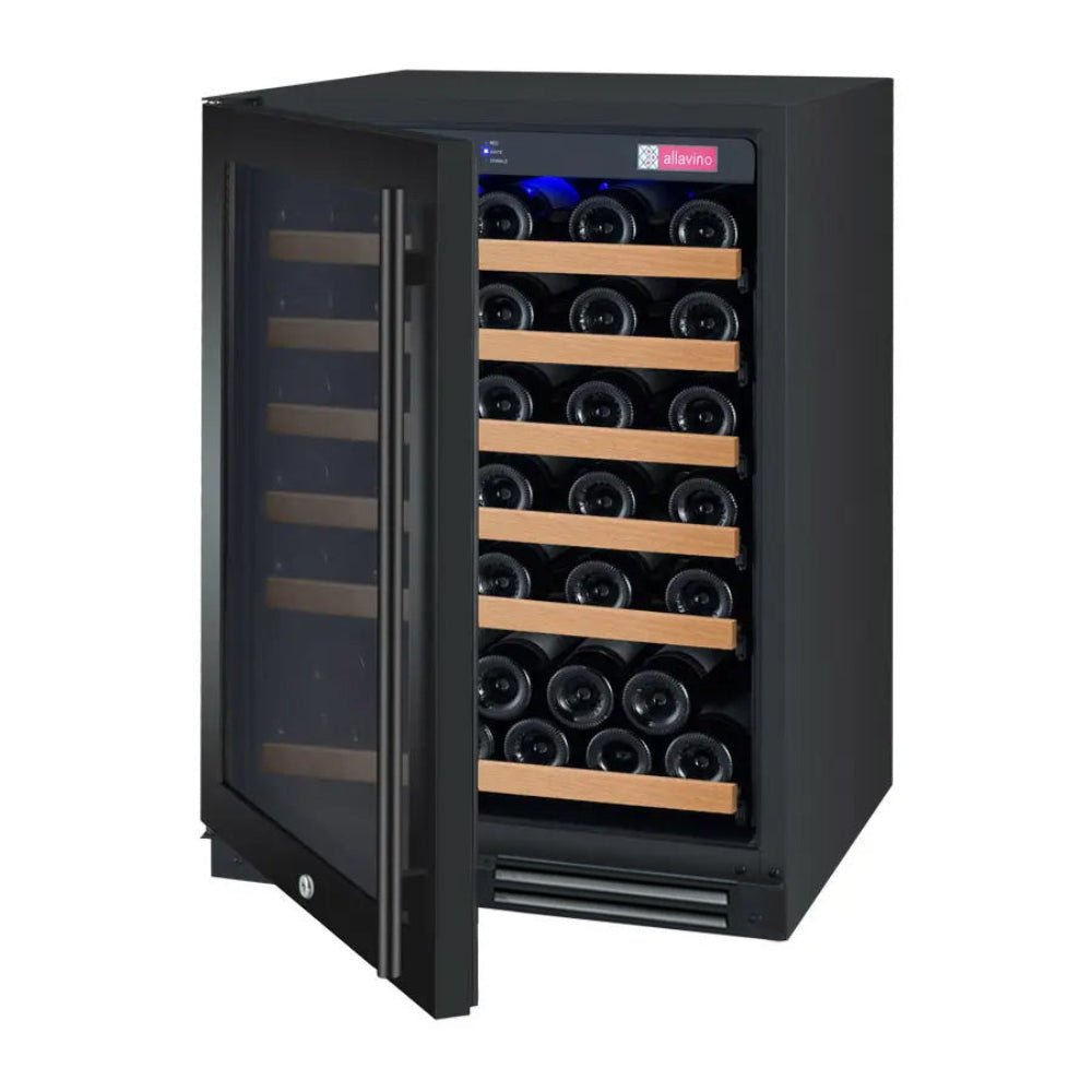 	Allavino 24-inch black wine refrigerator with left-hinge door and Tru-Vino cooling technology with door slightly open