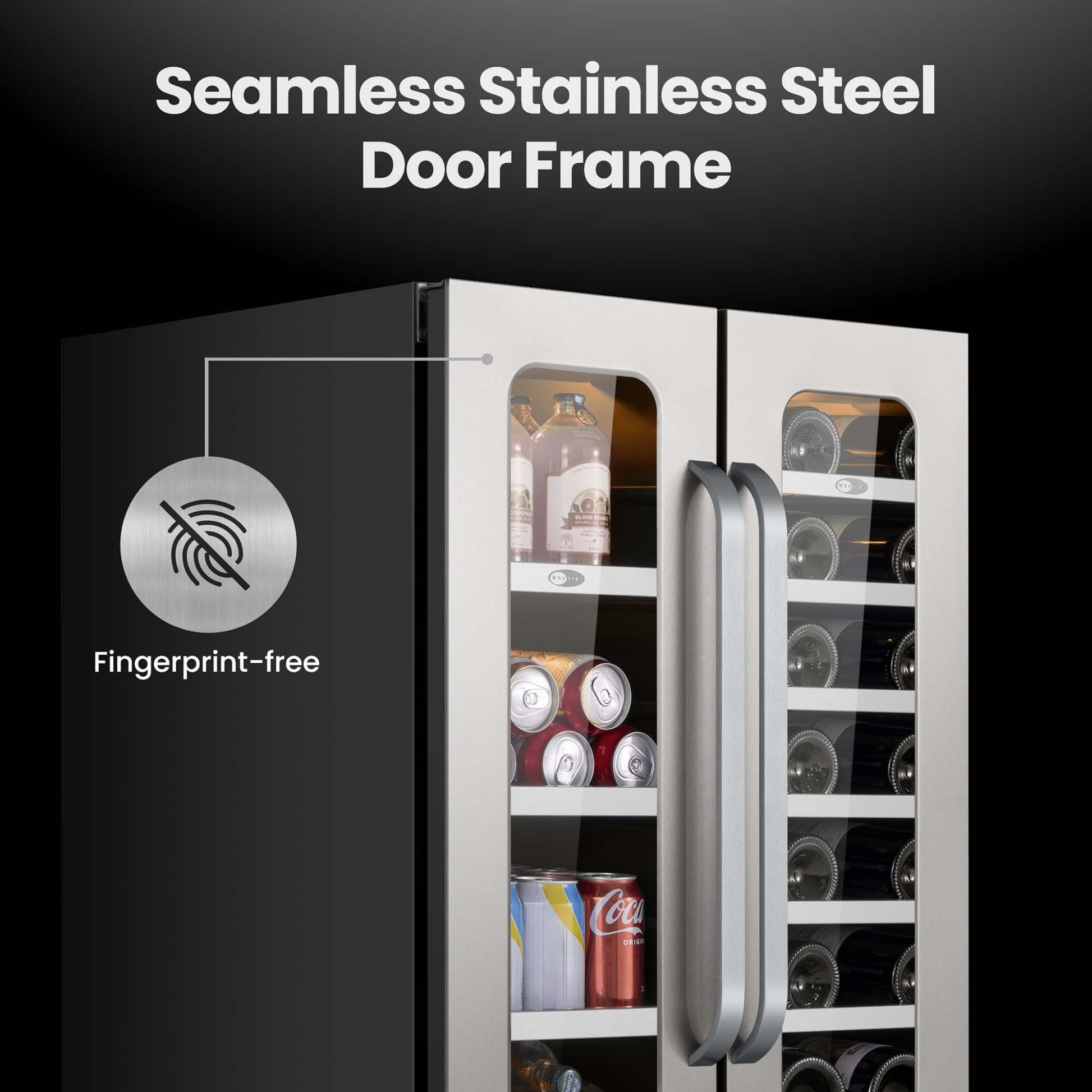 Whynter French-door wine and beverage center with seamless stainless steel door frames