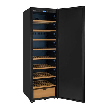 Black wine cooler with open door on a white background