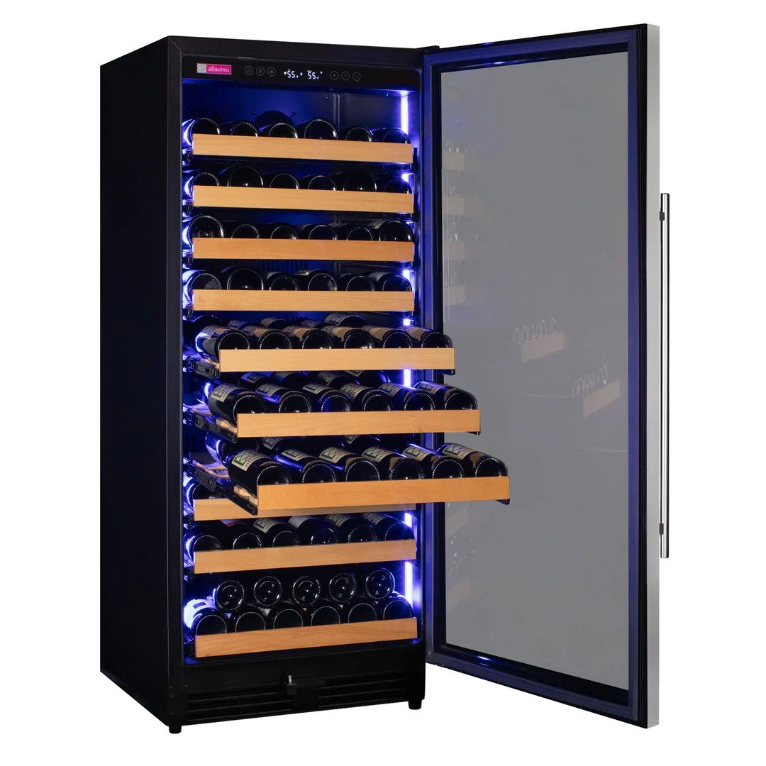 Wine cooler with open door displaying wine bottles on wooden shelves.