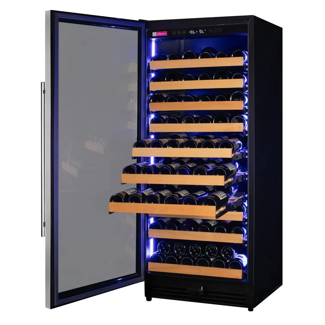 Wine cooler with open door displaying wine bottles inside.