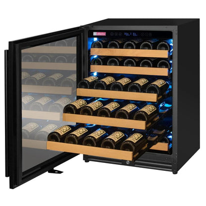 Wine cooler with open door displaying rows of wine bottles.