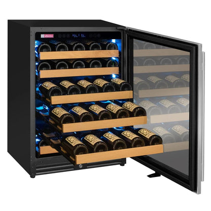Wine cooler with open door displaying rows of wine bottles.