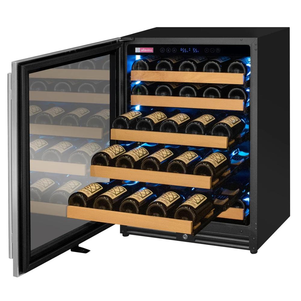 Wine cooler with open door displaying rows of wine bottles.