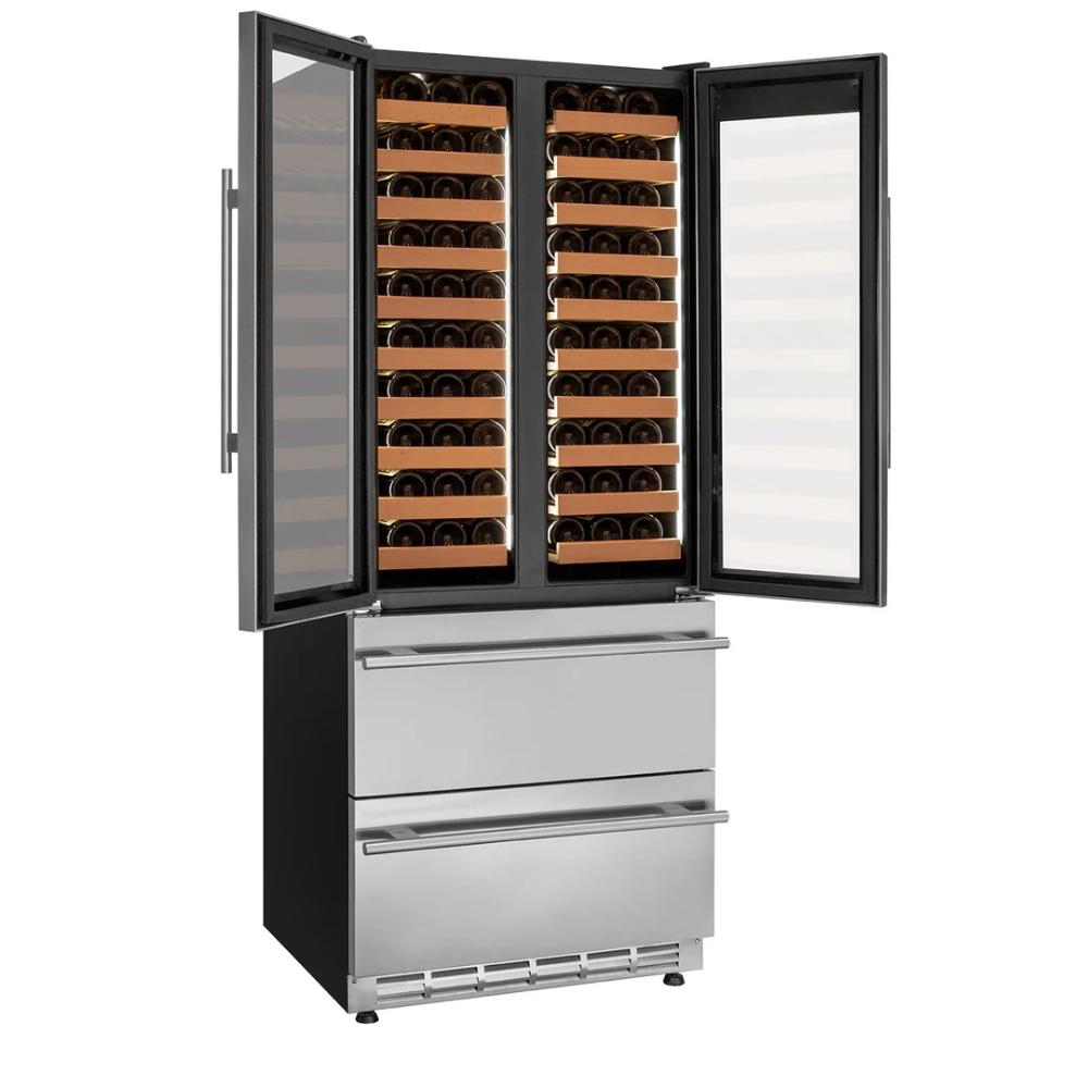 Stainless steel Wine cooler and beverage center with open doors displaying rows of wine bottles on a white background