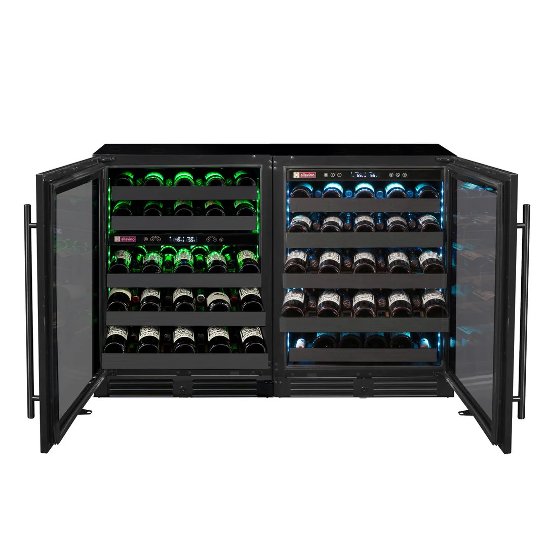 Black triple zone undercounter wine fridge with door open displaying full shelves of wine