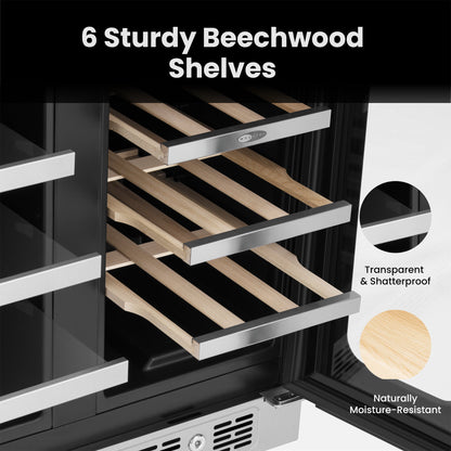 Close-up of six beechwood wine shelves with stainless steel trim
