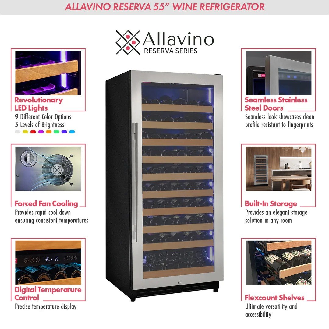 Allavino Reserva 55 wine refrigerator with features highlighted on a white background