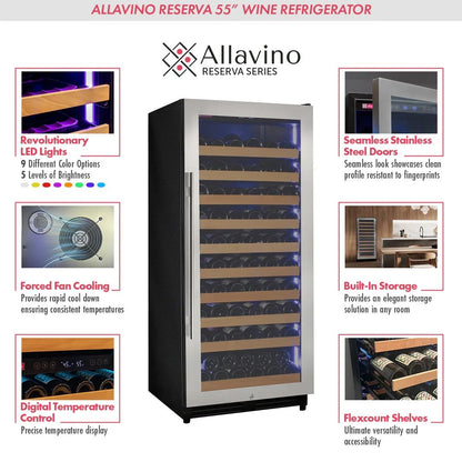 Allavino Reserva 55 wine refrigerator with features highlighted on a white background