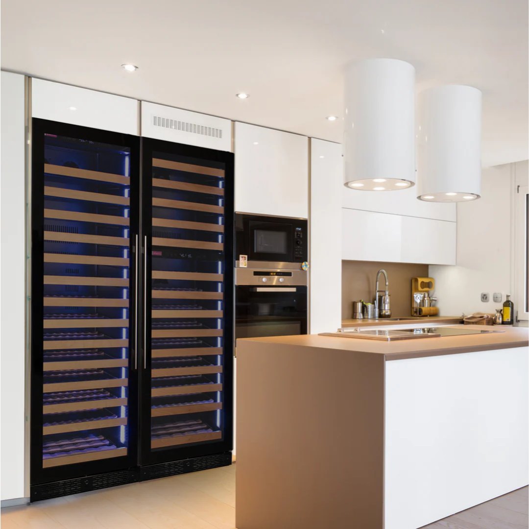 black triple zone wine cooler built-in to seemless white modern kitchen