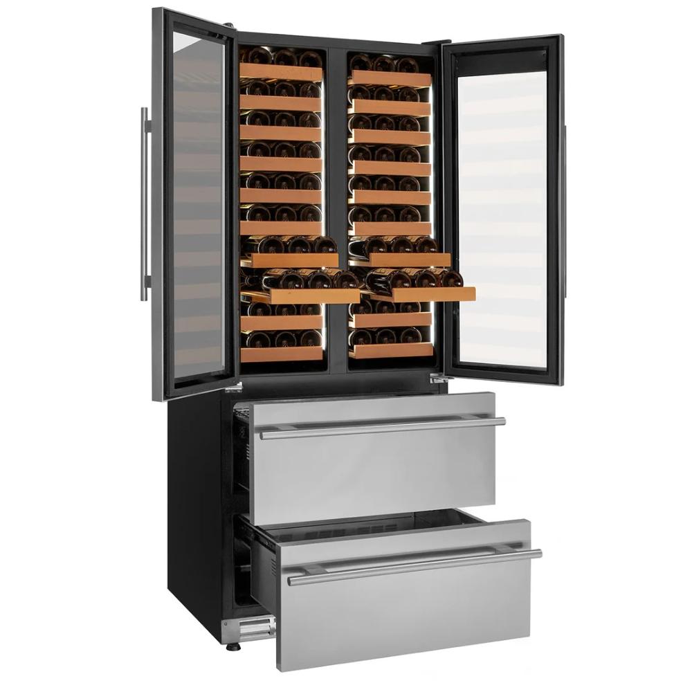 Stainless steel wine cooler with open doors displaying rows of wine bottles and open pull out drawers on a white background