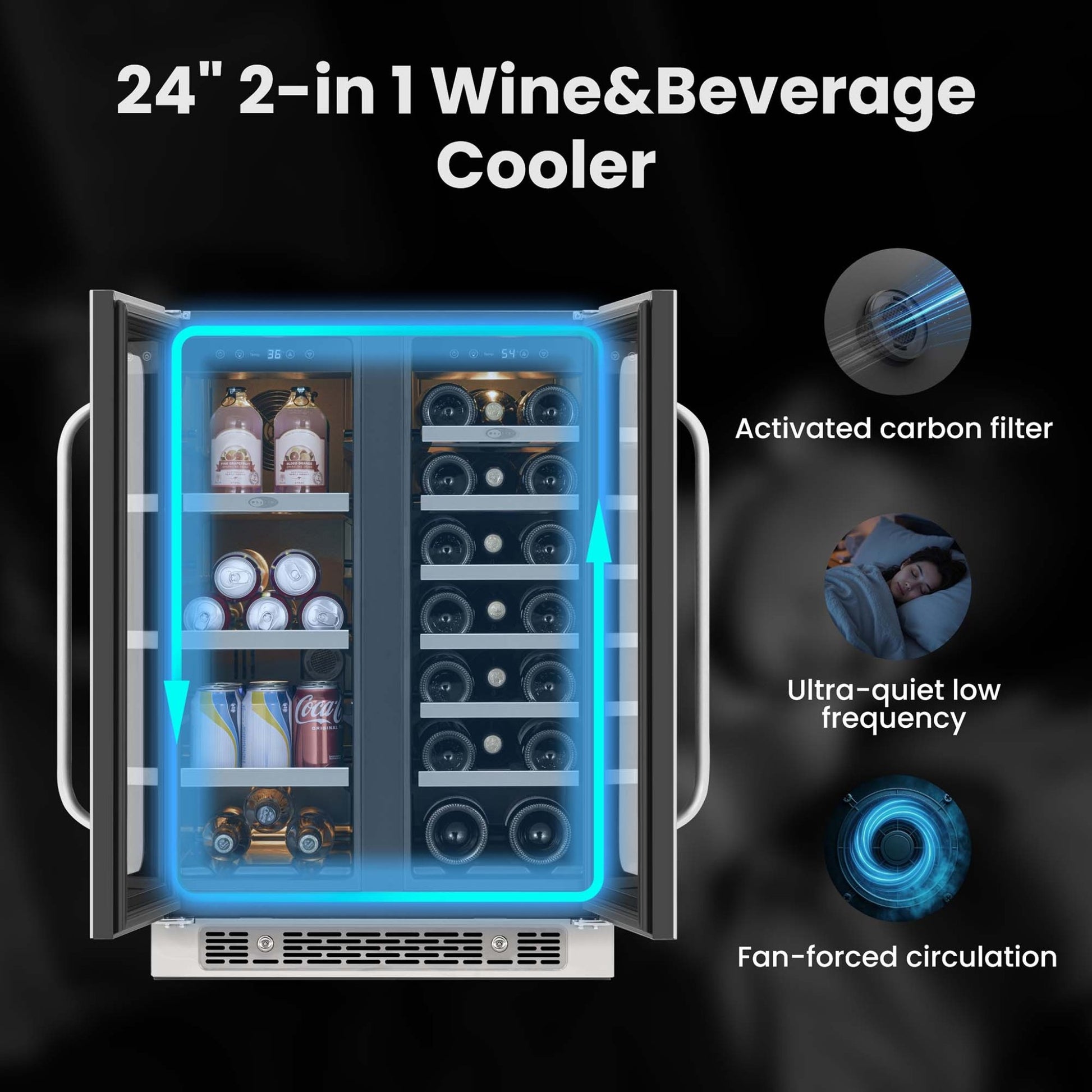 Open Whynter wine and beverage center showing shelving and fan-forced circulation