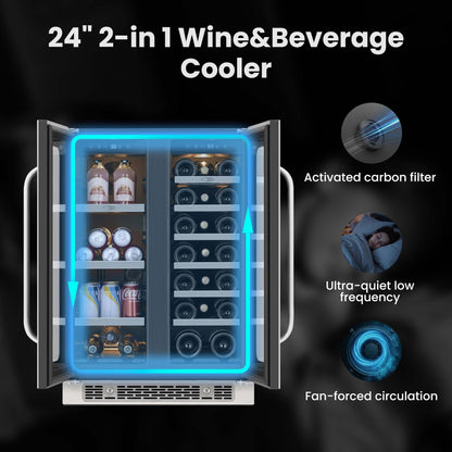 Open Whynter wine and beverage center showing shelving and fan-forced circulation