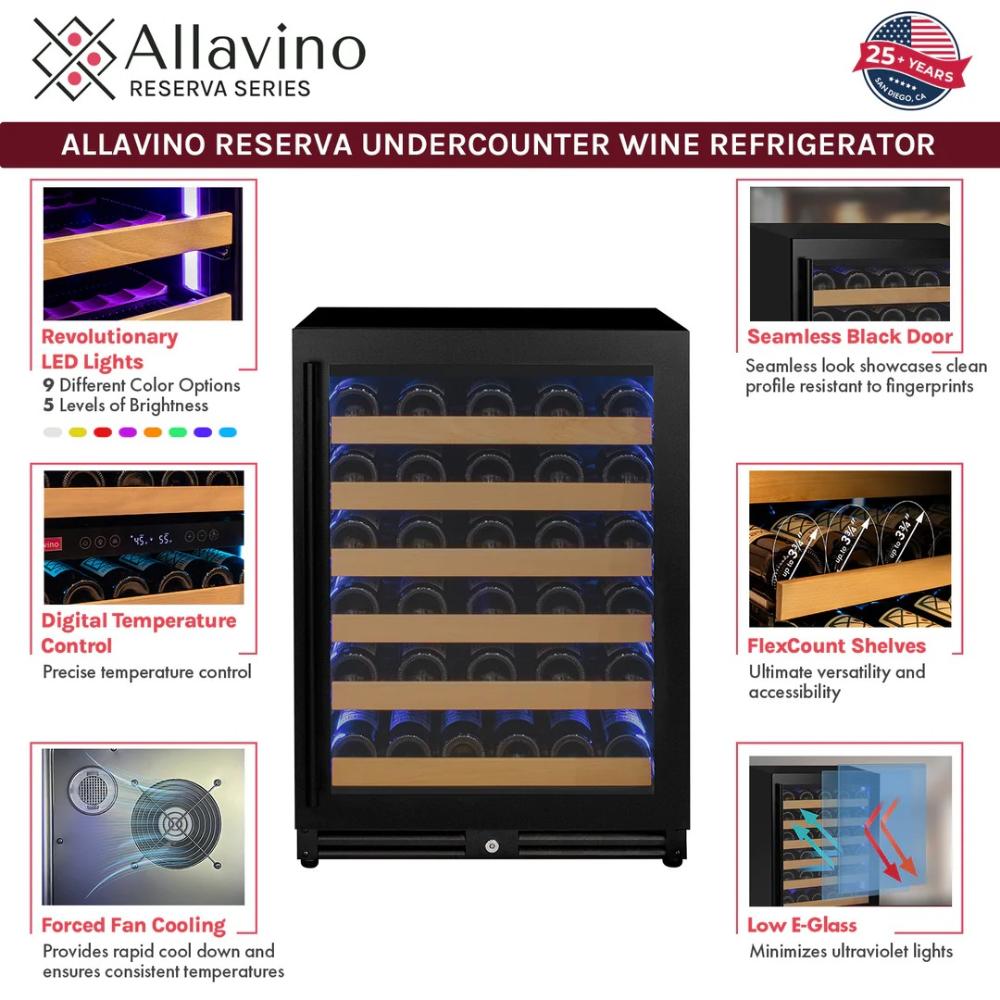 Allavino Reserva 51-Bottle Single Zone Built-In Wine Refrigerator – Black Glass Door, Right Hinge