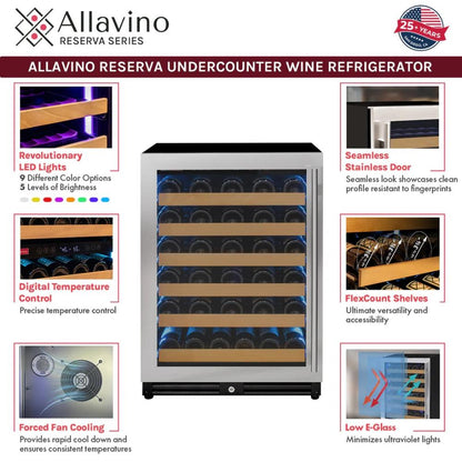 Allavino Reserva Series undercounter wine refrigerator with features highlighted.