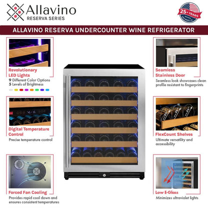 Allavino 51-Bottle Single Zone Built-In Wine Refrigerator – Stainless Steel Door, Right Hinge | Reserva Series